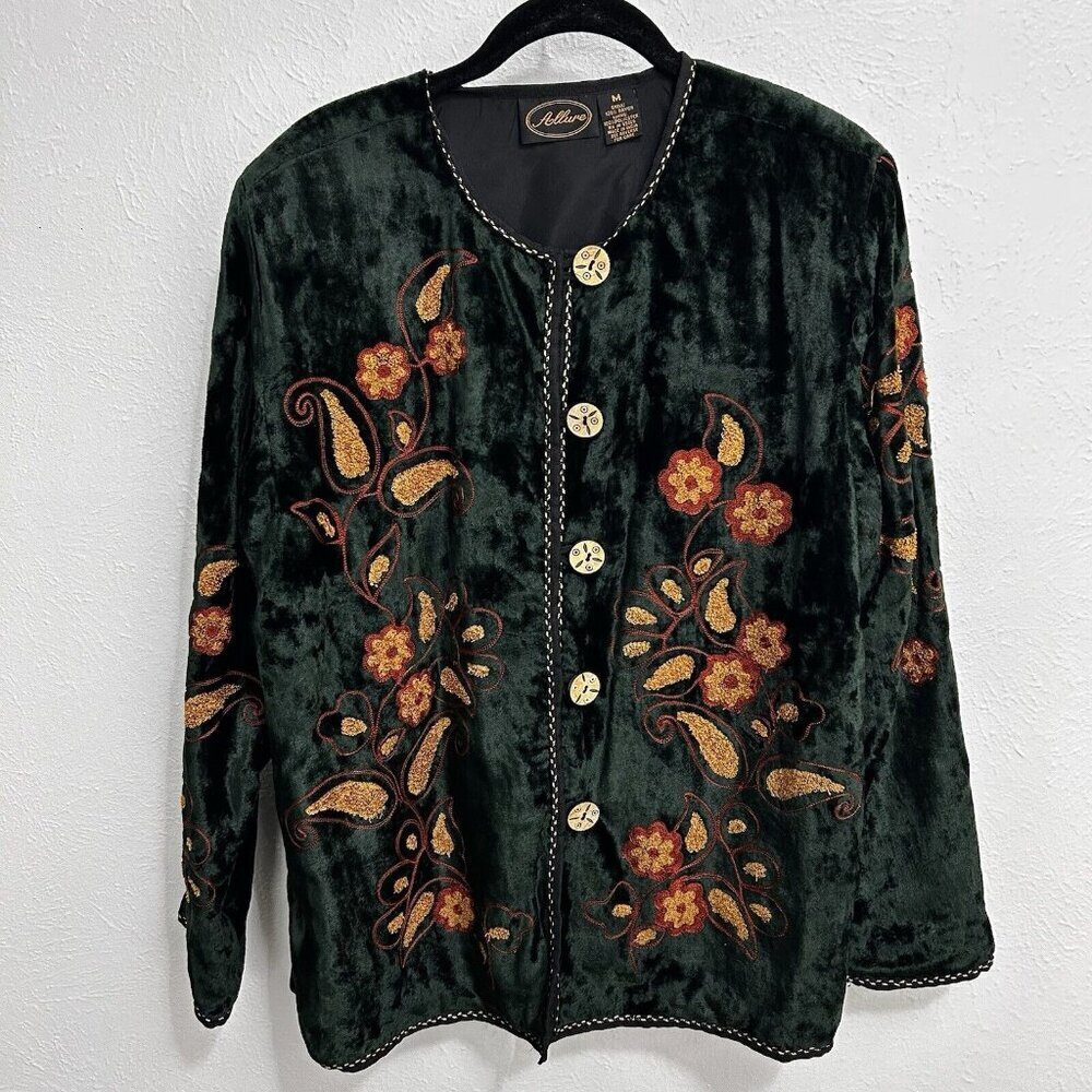 VTG Allure Emerald Green Velvet Velour Floral Embroidered Jacket Size M Artsy